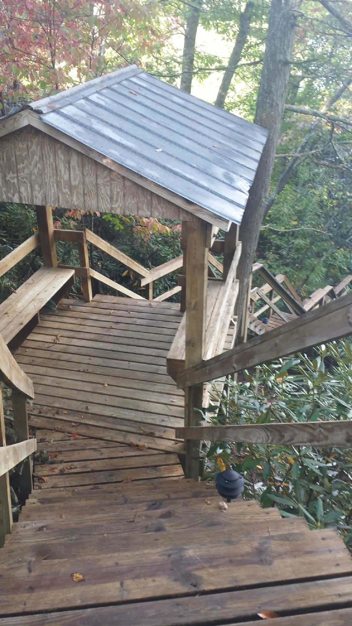 Metal roofed shelter over wooden steps on a wooded walkway — Skylight Repair & Installation work by our crew in East Bethany